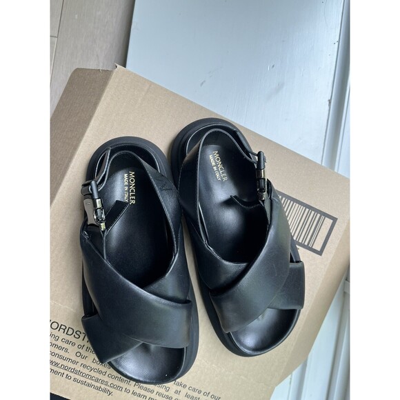 New Moncler Women Black Solarisse Cross-Strap Leather Sandals Platform 37 7 7.5 - Picture 8 of 13